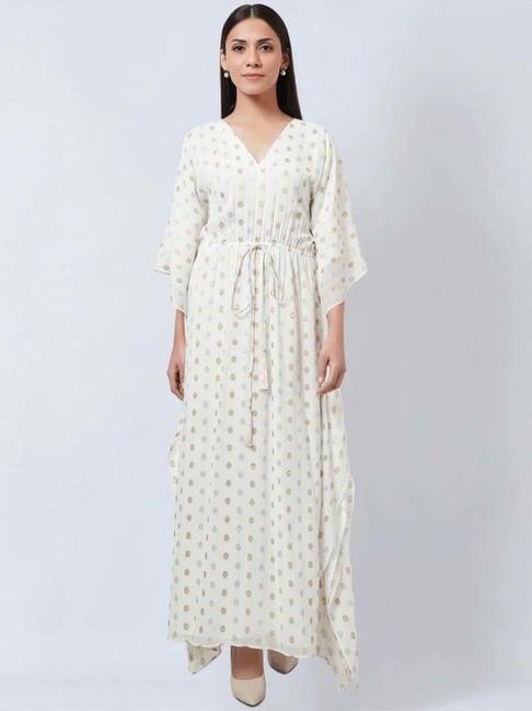 first resort by ramola bachchan ivory lurex with polka dot motifs full length kaftan