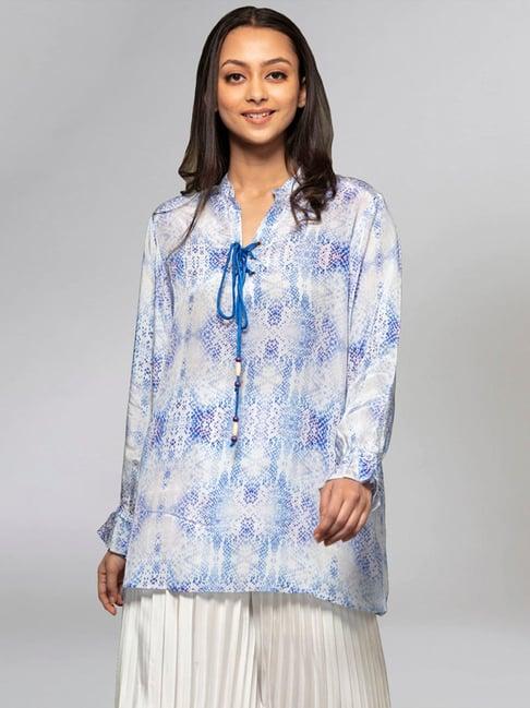 first resort by ramola bachchan light blue animal printed lace-up top