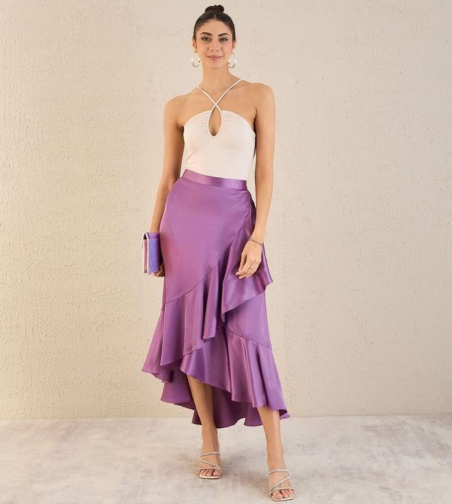 first resort by ramola bachchan lilac satin broad frill long skirt