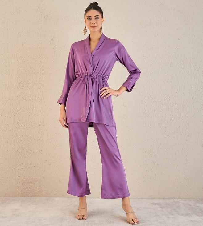 first resort by ramola bachchan lilac semi-formal embellished satin tunic and bell bottom pants set