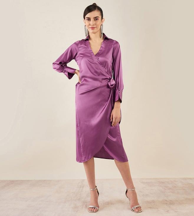 first resort by ramola bachchan lilac wrap around embellished satin mid length dress