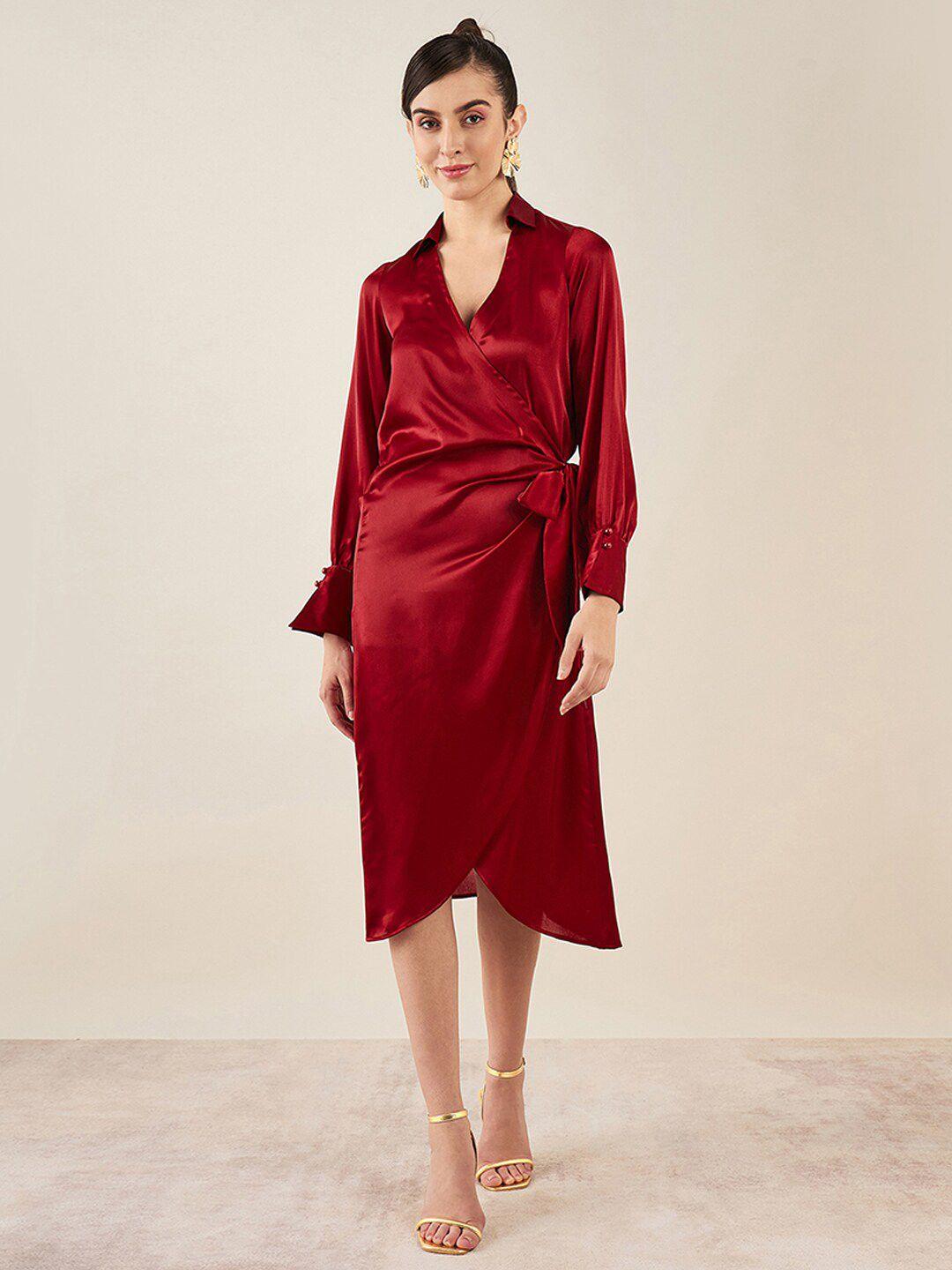 first resort by ramola bachchan maroon & maroon slit sleeve layered satin midi dress