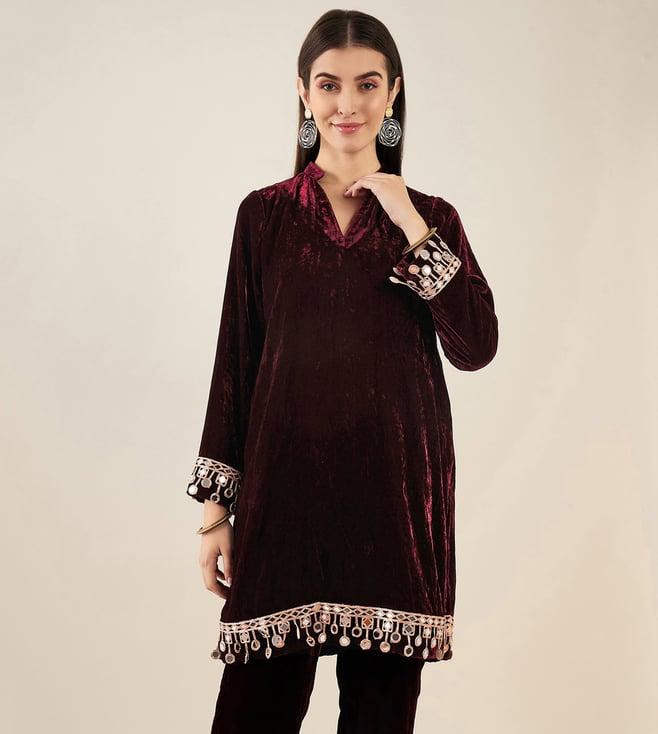 first resort by ramola bachchan maroon silk velvet kurta with mirror lace detail