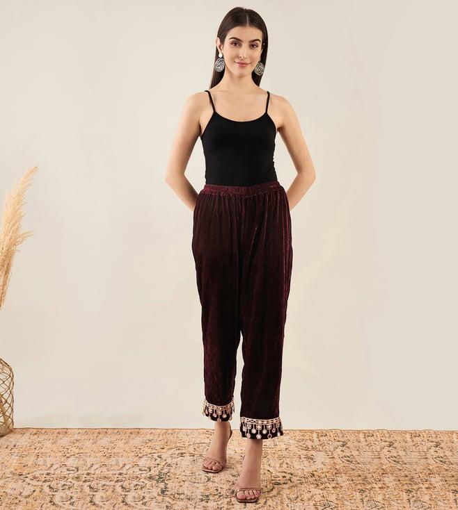 first resort by ramola bachchan maroon silk velvet straight pants with mirror lace detail