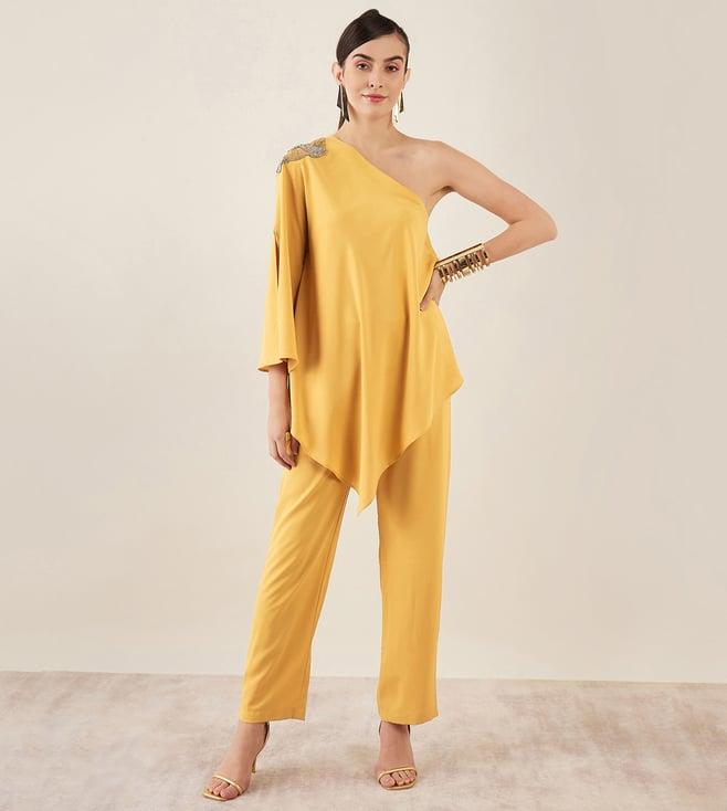 first resort by ramola bachchan mustard asymmetrical top with straight pants set