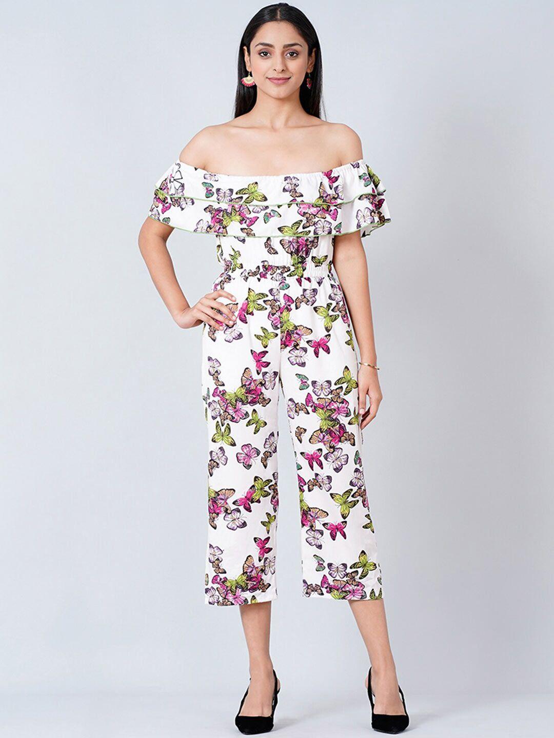 first resort by ramola bachchan off-shoulder printed capri jumpsuit with ruffles