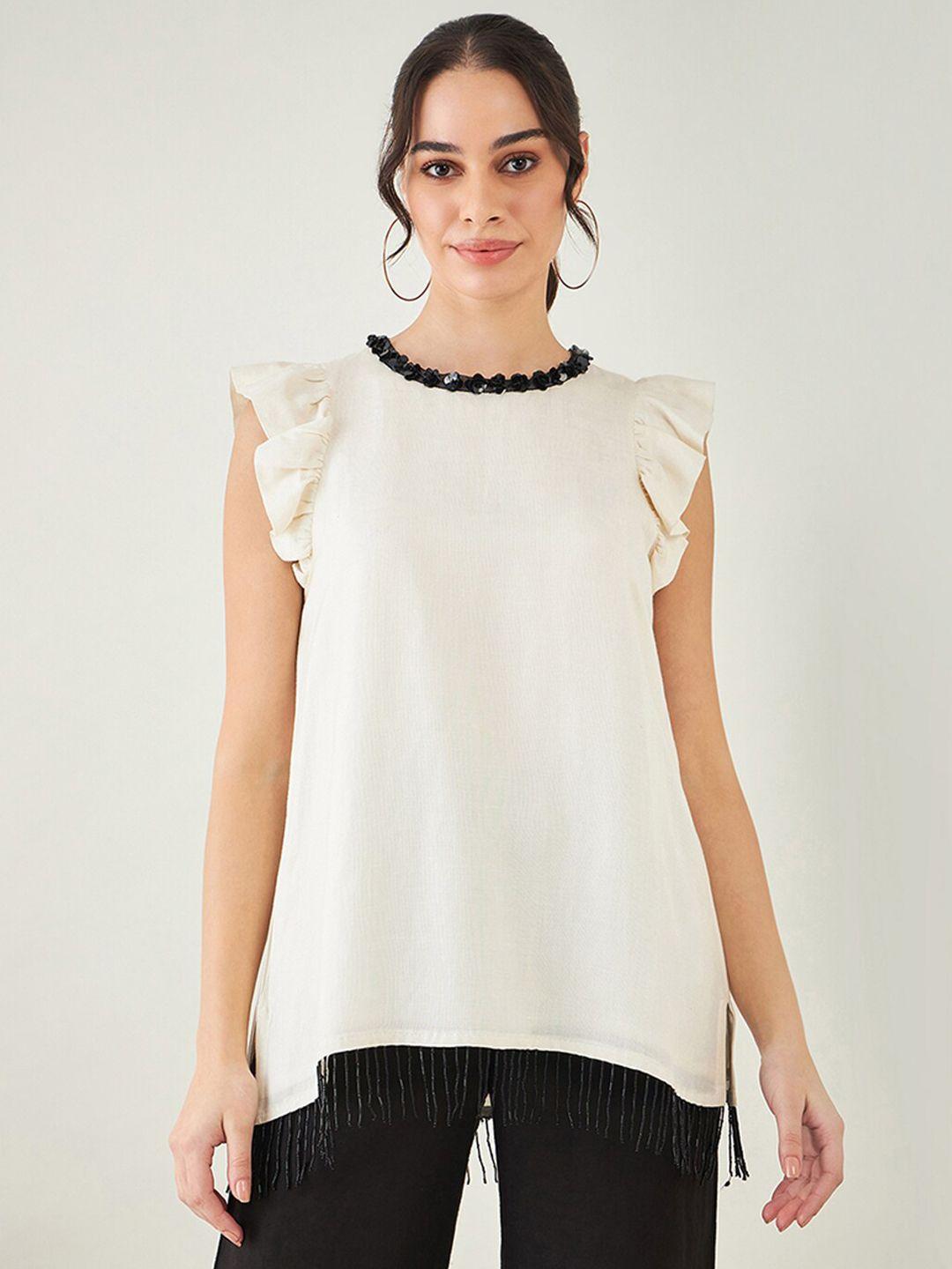 first resort by ramola bachchan off white & off white monochrome linen top