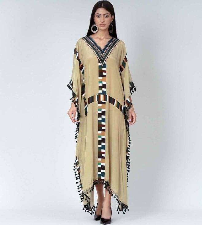 first resort by ramola bachchan olive green geometric mid length kaftan with lace