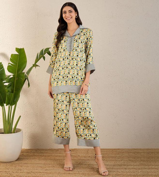 first resort by ramola bachchan pale grey and lemon geometric print co-ordinate set