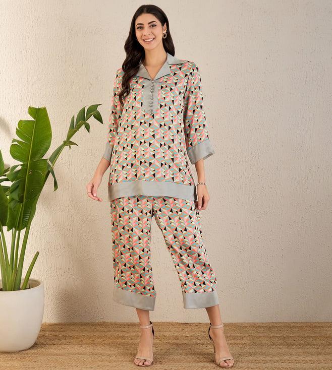 first resort by ramola bachchan pale grey and peach geometric print co-ordinate set