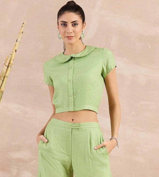 first resort by ramola bachchan pastel green eco-chic vogue herringbone crop shirt