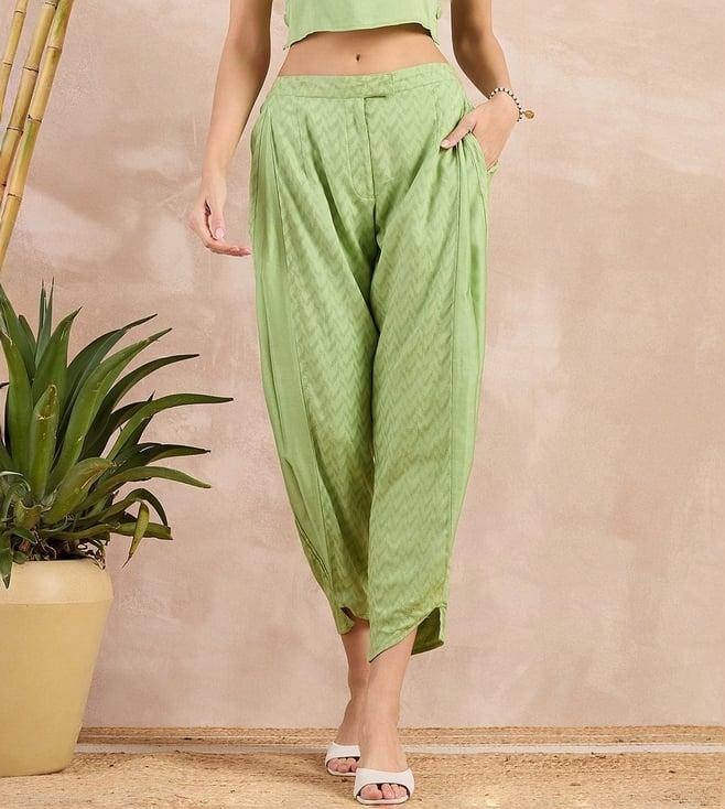 first resort by ramola bachchan pastel green eco-chic vogue herringbone narrow trouser