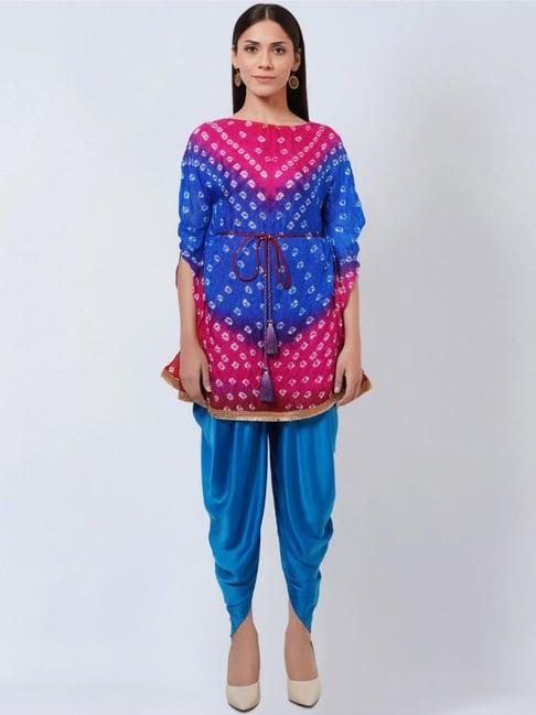 first resort by ramola bachchan pink & blue bandhani tunic with blue dhoti pants