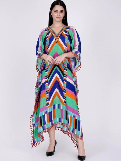 first resort by ramola bachchan pink and blue striped mid length kaftan
