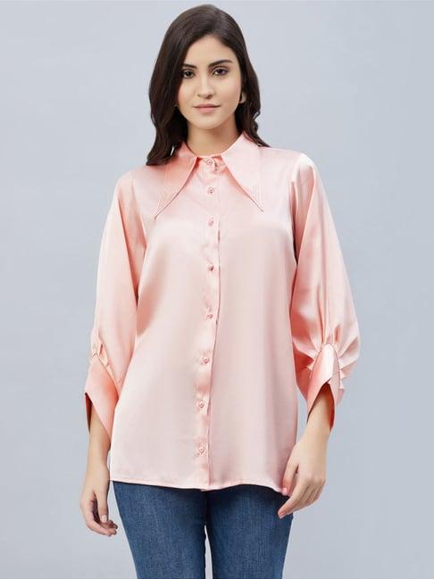 first resort by ramola bachchan pink long collar embellished satin shirt
