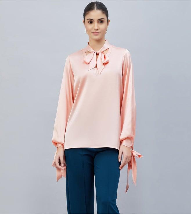 first resort by ramola bachchan pink neck-tie embellished satin shirt