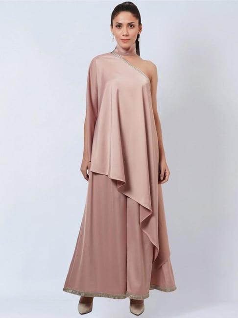 first resort by ramola bachchan powder pink one-shoulder asymmetric tunic with wide leg pants
