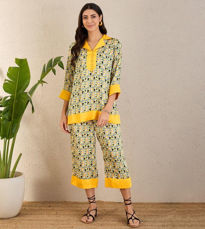 first resort by ramola bachchan primrose yellow and black geometric print co-ordinate set