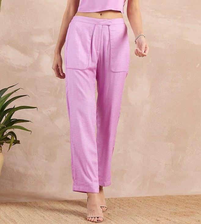 first resort by ramola bachchan purple button eco-chic vogue herringbone straight trouser