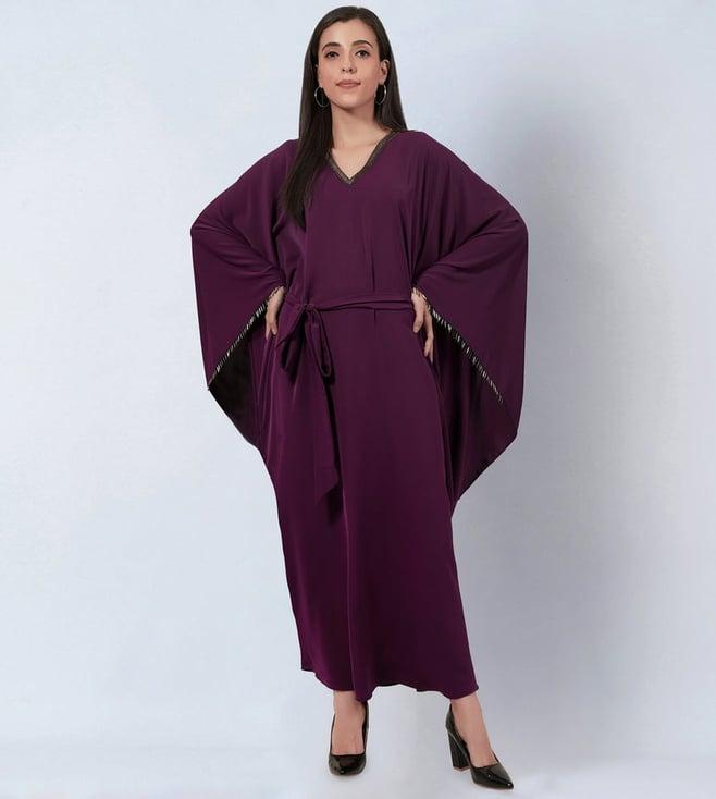 first resort by ramola bachchan purple embroidered neckline full length kaftan with belt