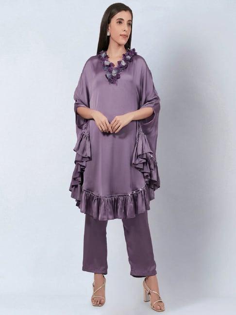 first resort by ramola bachchan purple ruffle dress with floral lace detail with satin pants