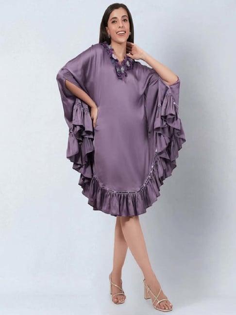 first resort by ramola bachchan purple ruffle dress with floral lace detail