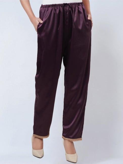 first resort by ramola bachchan purple satin straight pants with lace