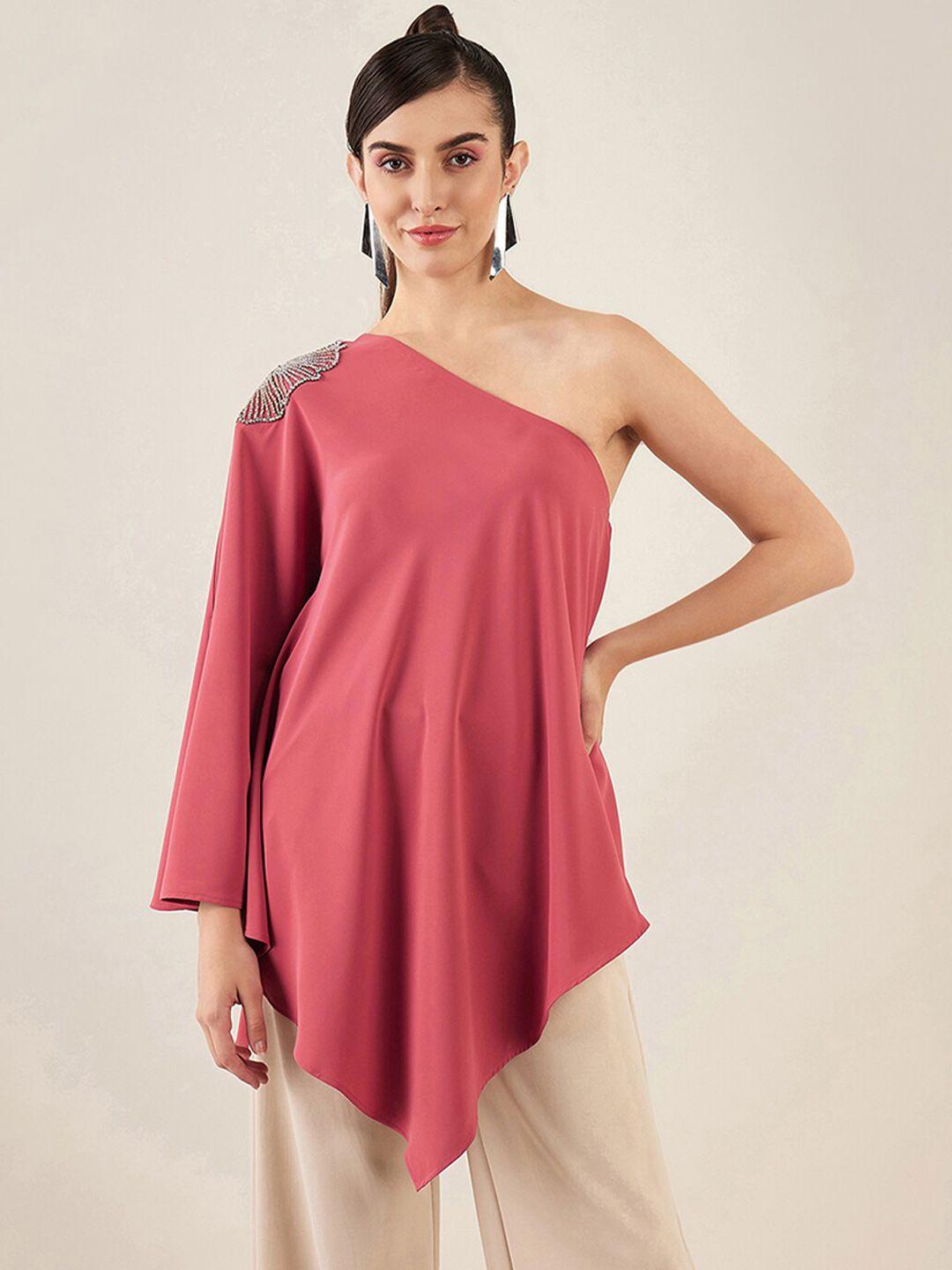 first resort by ramola bachchan red & red embroidered one shoulder cape sleeve monochrome crepe top