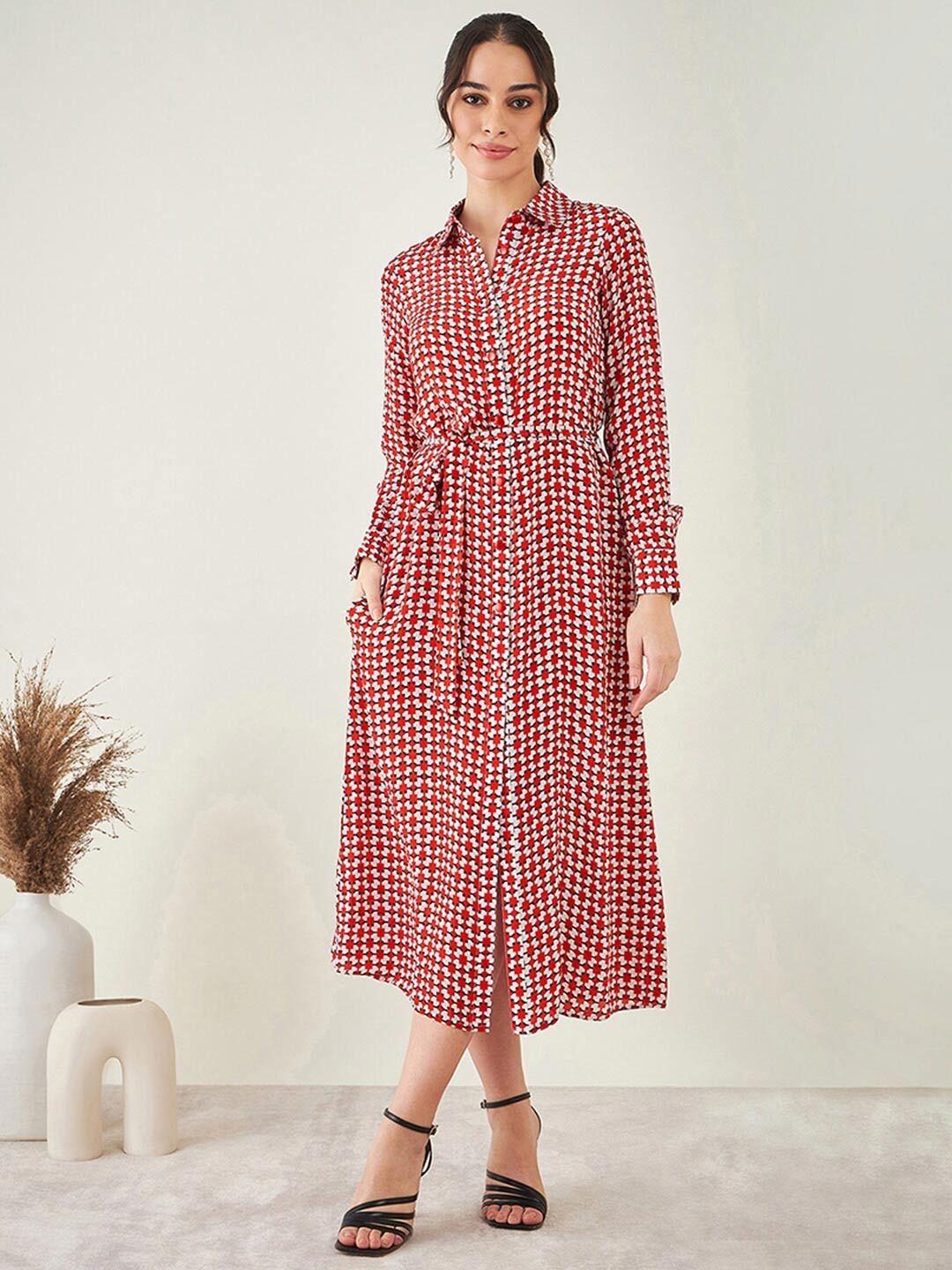 first resort by ramola bachchan red & white print crepe shirt midi dress