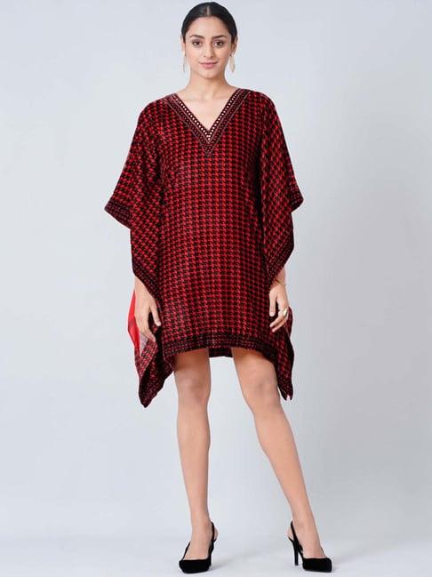 first resort by ramola bachchan red crystal embellished houndstooth silk velvet tunic