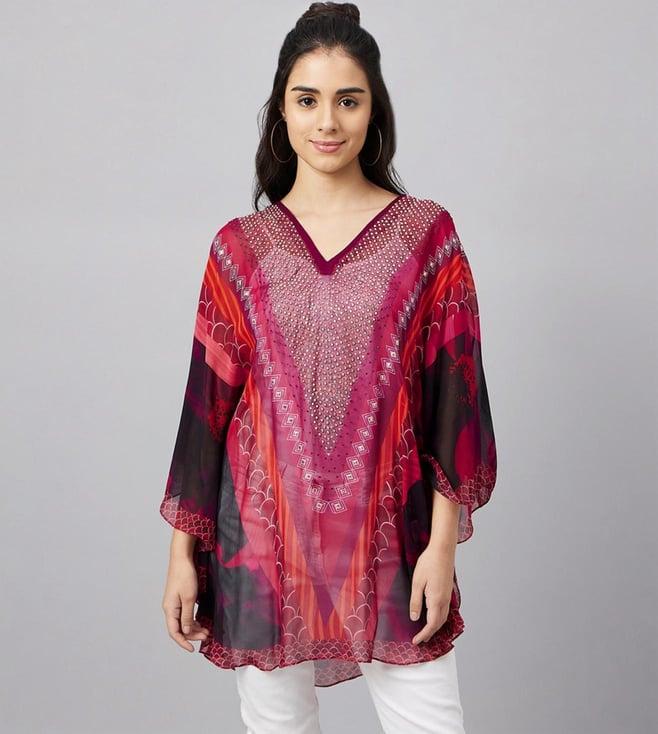 first resort by ramola bachchan red embellished floral tunic