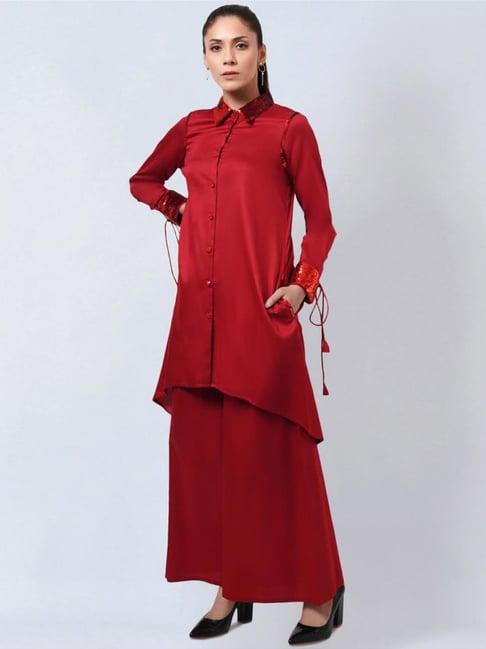 first resort by ramola bachchan red sequinned shirt dress with wide leg pants