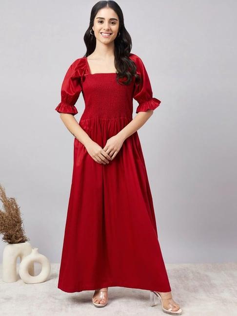 first resort by ramola bachchan red smocked maxi dress