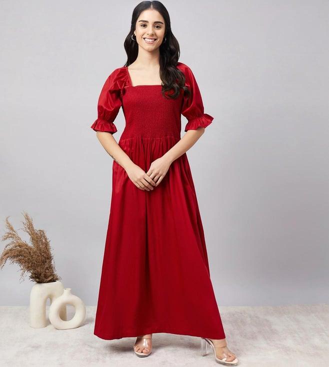 first resort by ramola bachchan red smocked maxi dress