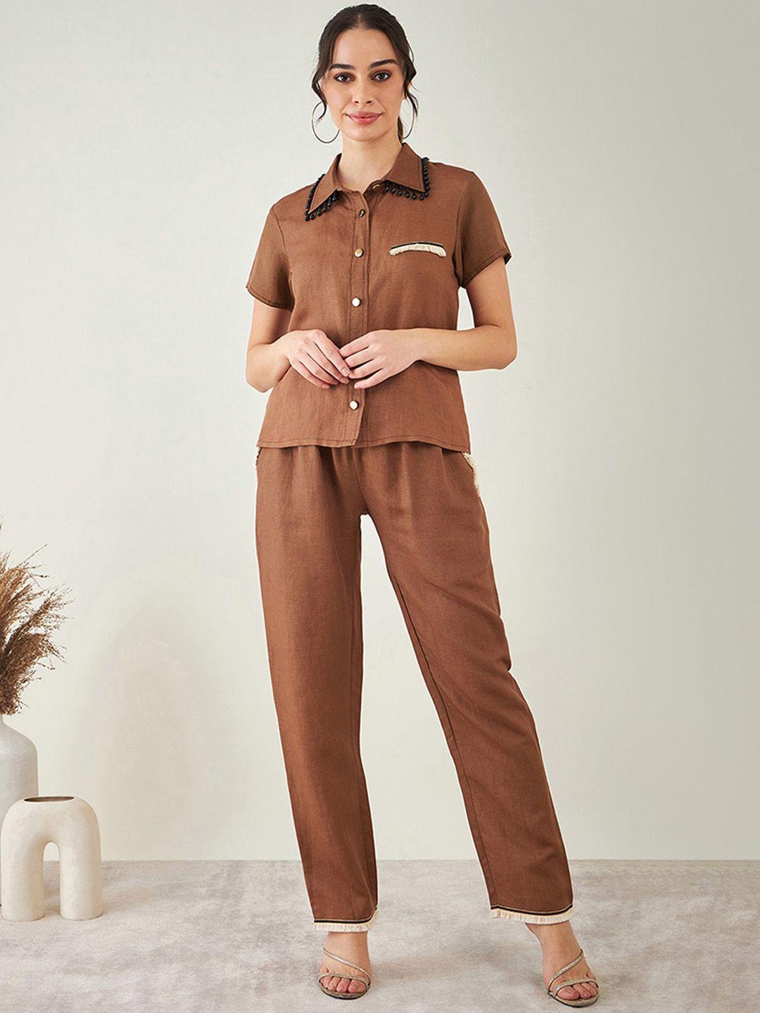 first resort by ramola bachchan relaxed fit  collar neck top & mid-rise trouser co-ords