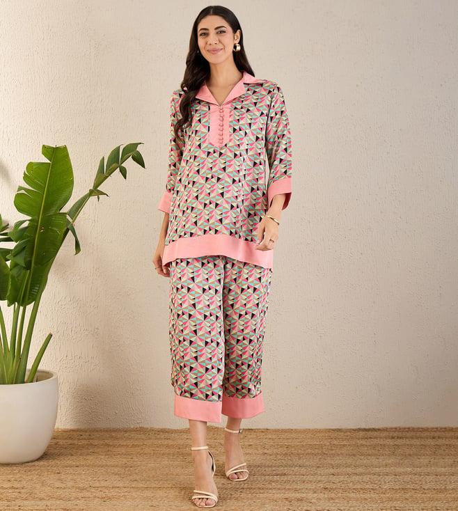 first resort by ramola bachchan rose pink and cyan geometric print co-ordinate set