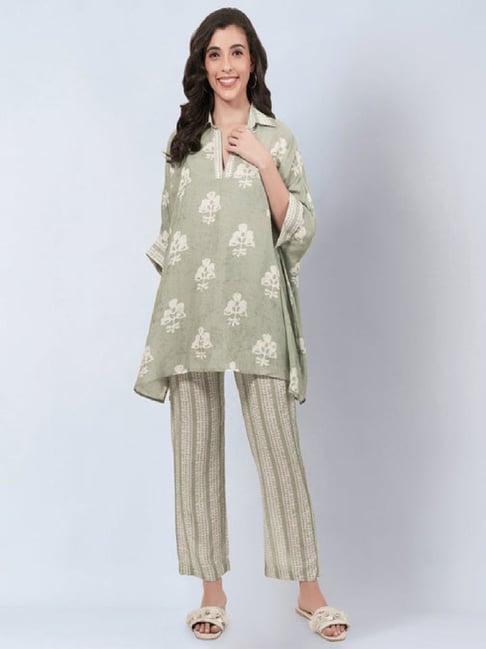 first resort by ramola bachchan sage green & ecru floral combination print tunic and pants