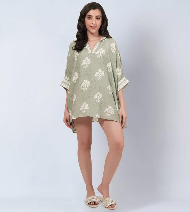 first resort by ramola bachchan sage green & ecru floral short tunic