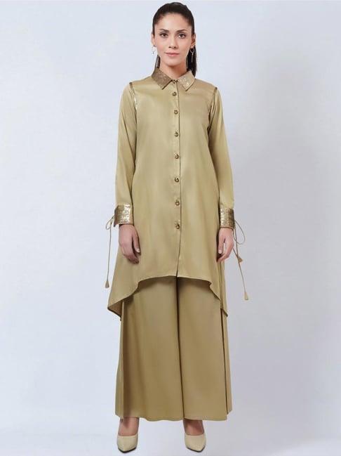 first resort by ramola bachchan sand sequinned shirt dress with wide leg pants
