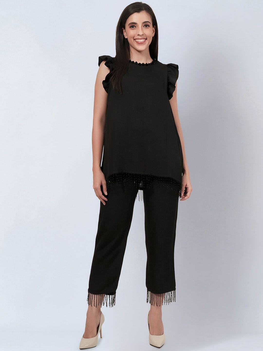 first resort by ramola bachchan sequined ruffled fringed top with trousers co-ords
