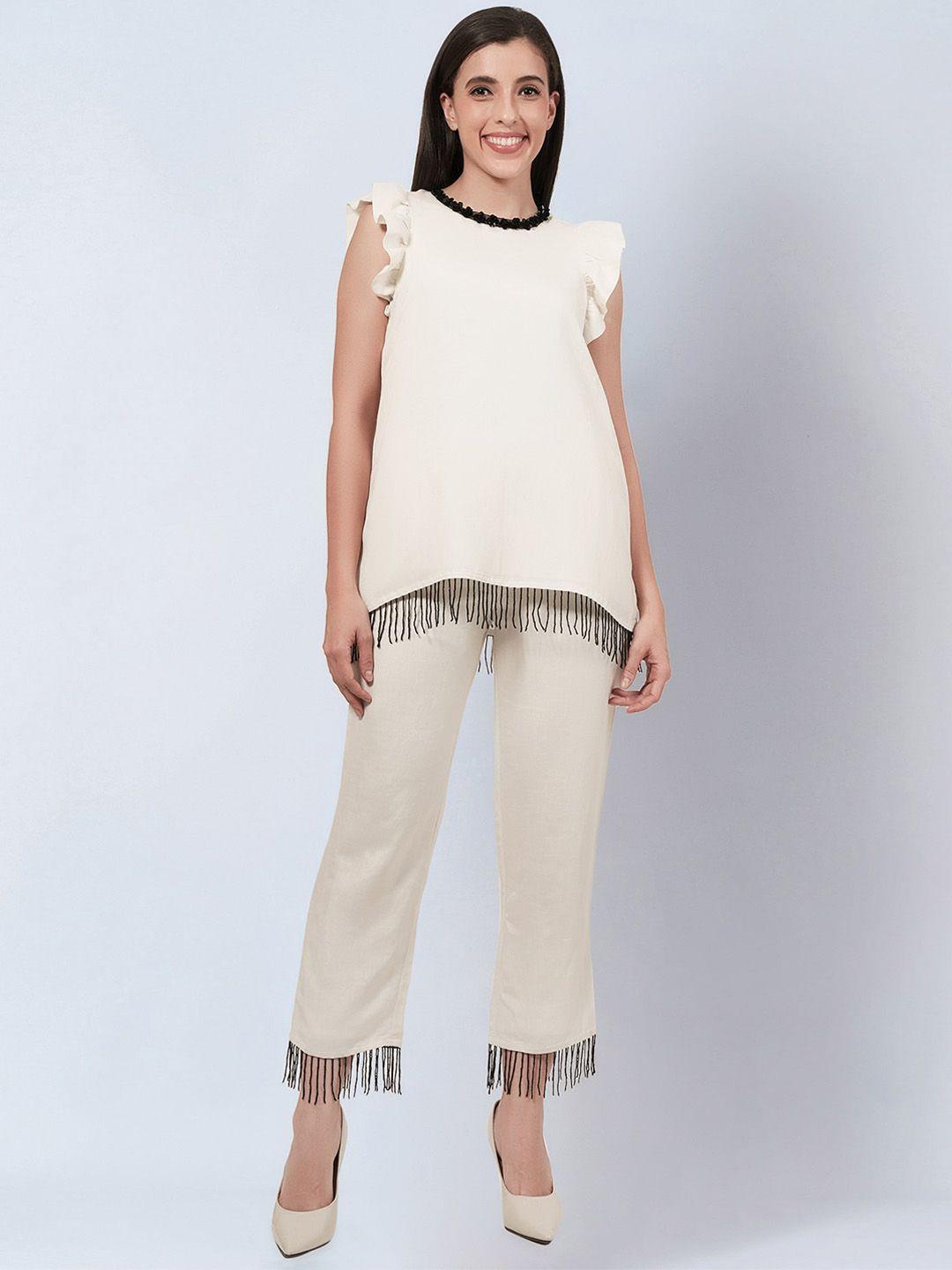 first resort by ramola bachchan sequined ruffled fringed top with trousers co-ords