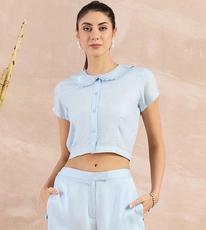 first resort by ramola bachchan sky blue eco-chic vogue herringbone crop shirt