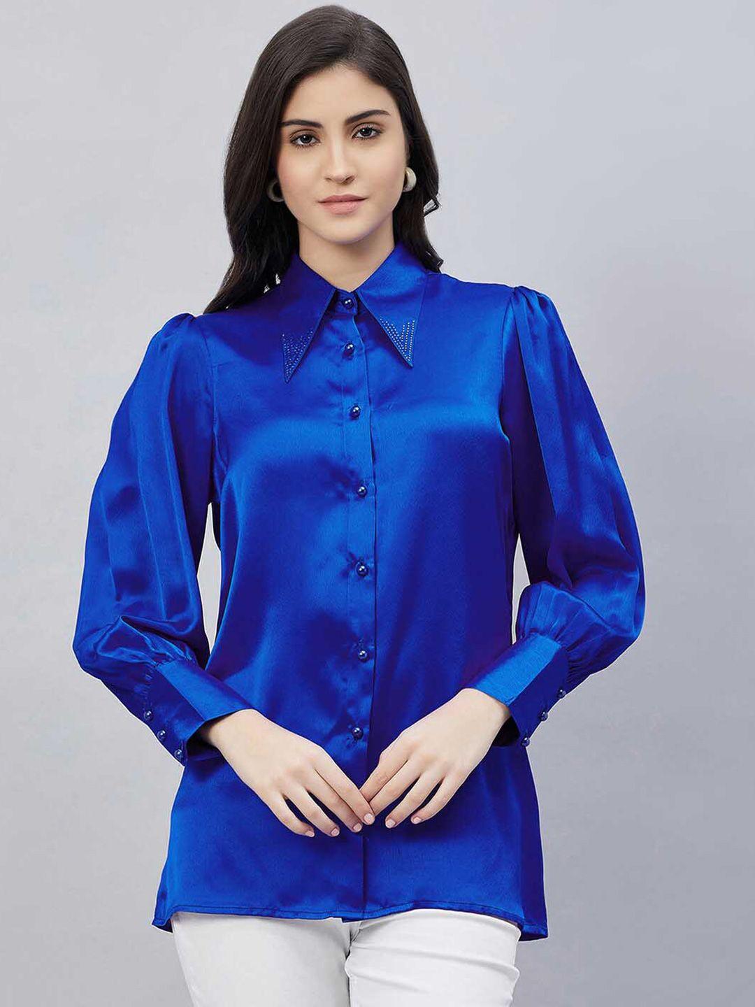 first resort by ramola bachchan spread collar puff sleeves classic opaque satin shirt