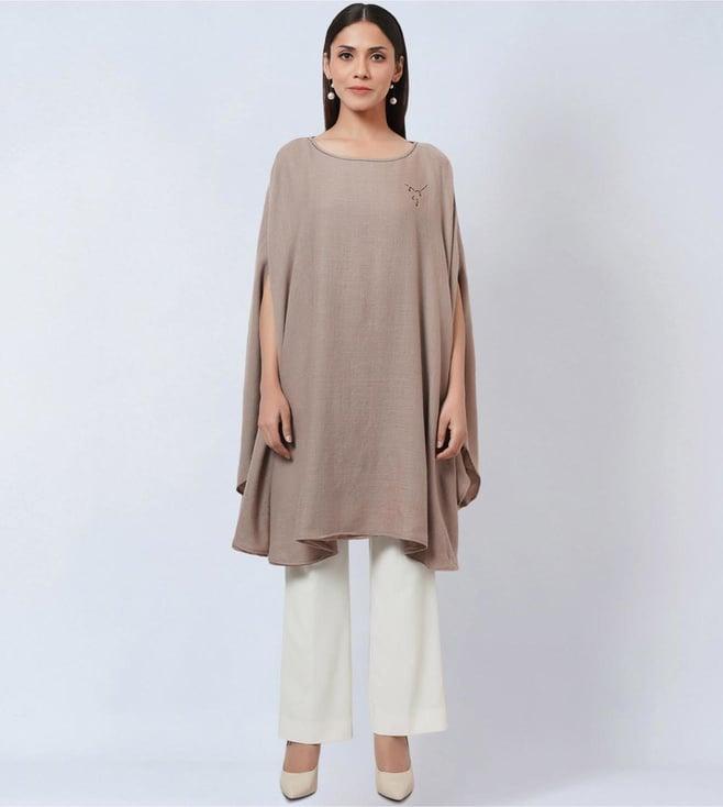 first resort by ramola bachchan taupe embellished long cashmere poncho