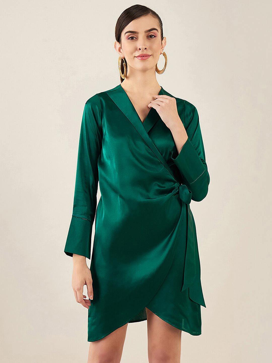 first resort by ramola bachchan teal & teal slit sleeve layered satin mini dress