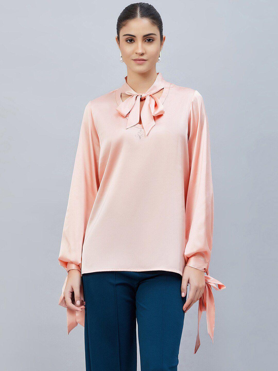 first resort by ramola bachchan tie-up neck puff sleeves satin top