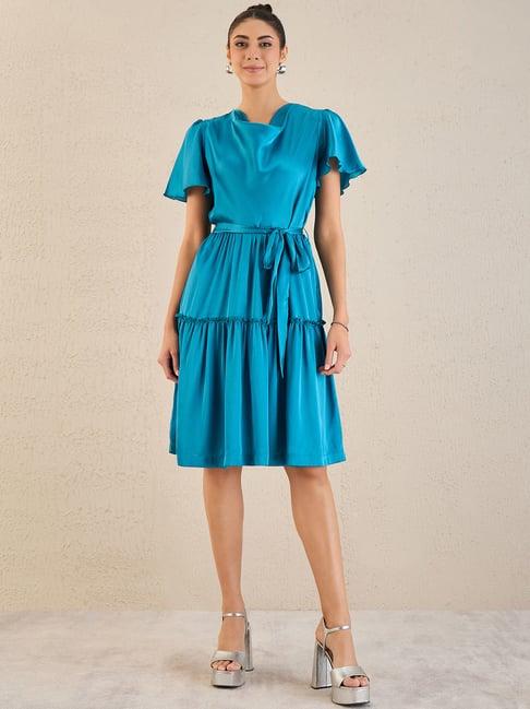 first resort by ramola bachchan true blue cowl neck satin dress with belt