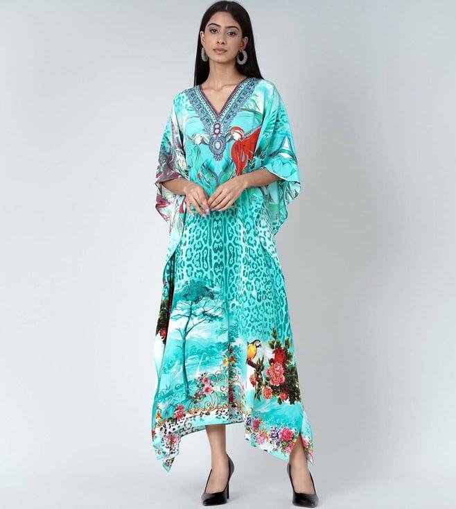 first resort by ramola bachchan turquoise animal print embellished silk full length kaftan