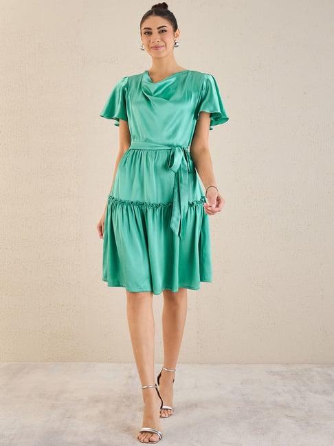 first resort by ramola bachchan turquoise cowl neck satin dress with belt