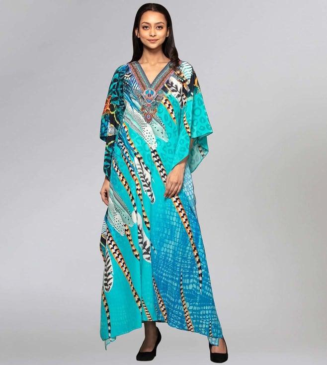 first resort by ramola bachchan turquoise leaf print embellished silk full length kaftan